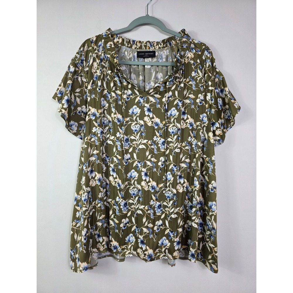 Lane Bryant Olive Floral Notch-Neck Satin & Knit Top Size 22/24